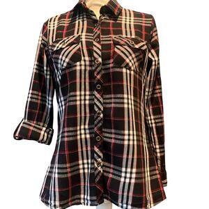 Tantrums Size Small Holiday Button Up Plaid long sleeve or 3/4 sleeve